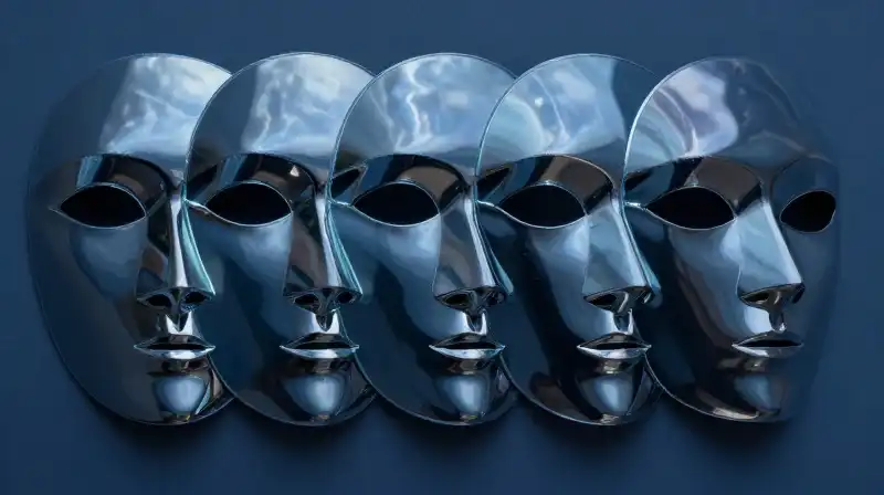 A fragmented mirrored mask amidst shifting, geometric blue shadows
