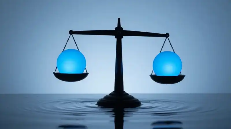 A glowing blue scale balances spheres above rippling water