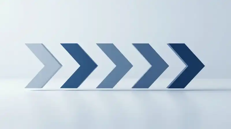 Sharp blue arrows align in a path across a workspace