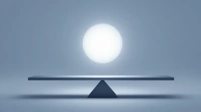 A glowing sphere balances on a steady geometric scale