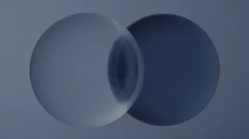 Two overlapping translucent blue spheres float in a soft void