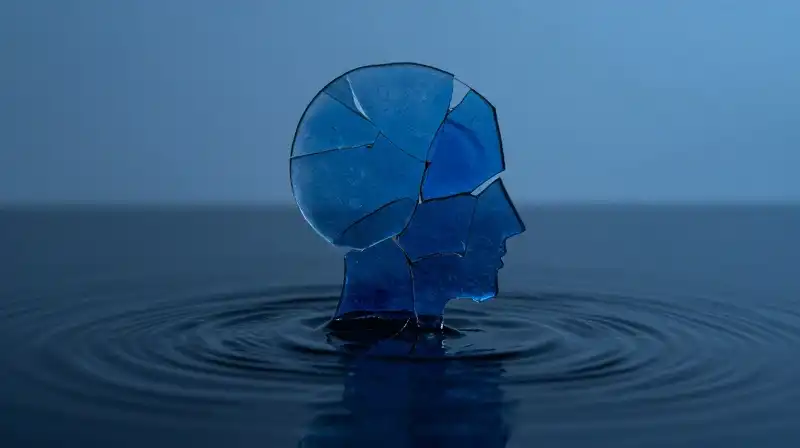Fragmented blue glass shards form a fragile human silhouette