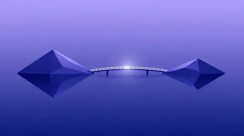 A fragile bridge connects two floating geometric islands