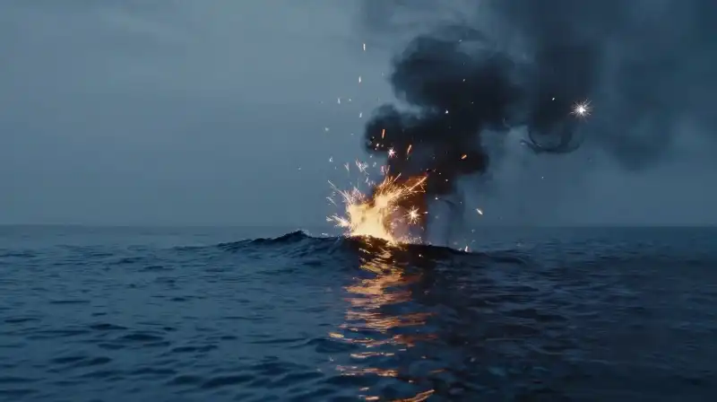 Calm blue waves meet a storm of chaotic sparks