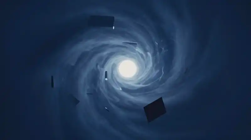 A small glowing core floats within swirling blue shadows