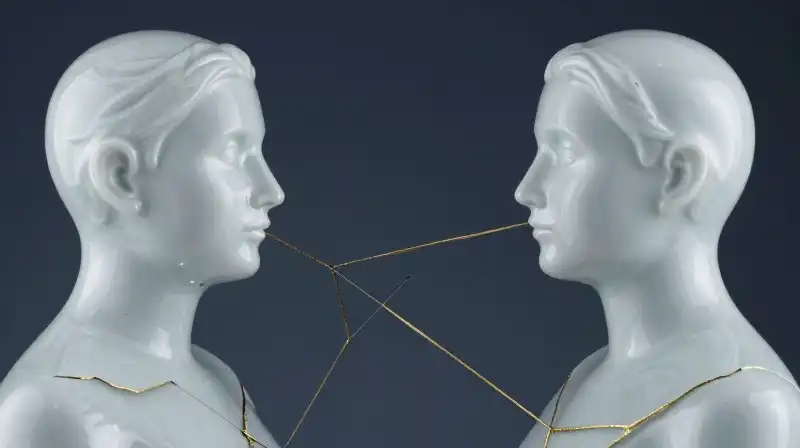 Two cracked porcelain silhouettes connect through golden, fractured threads