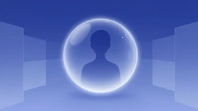 A glowing silhouette rests inside a glass sphere amidst indigo