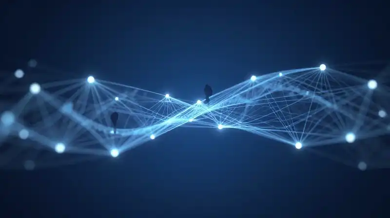 Glowing light nodes and threads connect dark human silhouettes