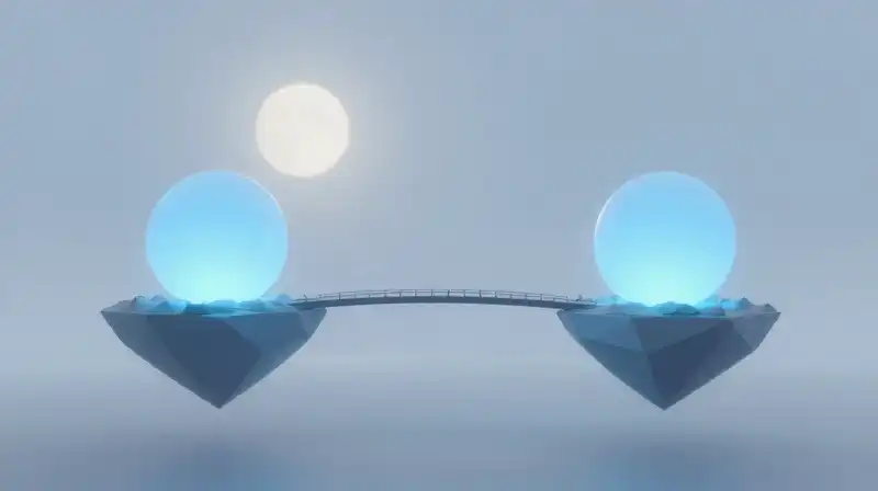 Glowing blue spheres balance on a bridge between floating islands