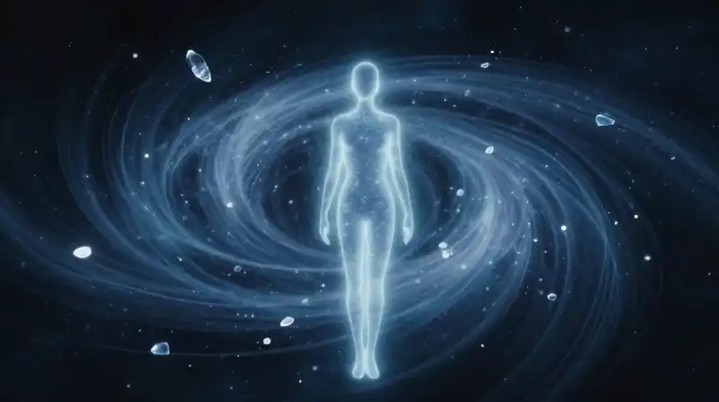 A glowing human silhouette floats amidst swirling cosmic light