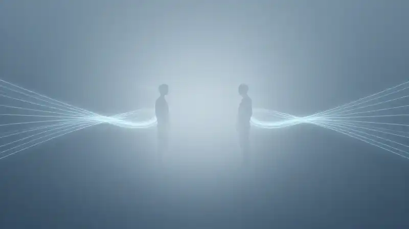 Two glowing silhouettes face each other amidst swirling misty paths