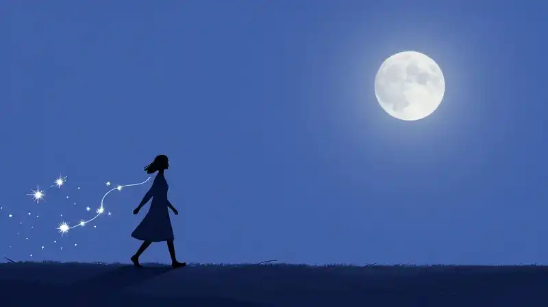 A lone silhouette wanders amidst swirling sparks and blue moonlight
