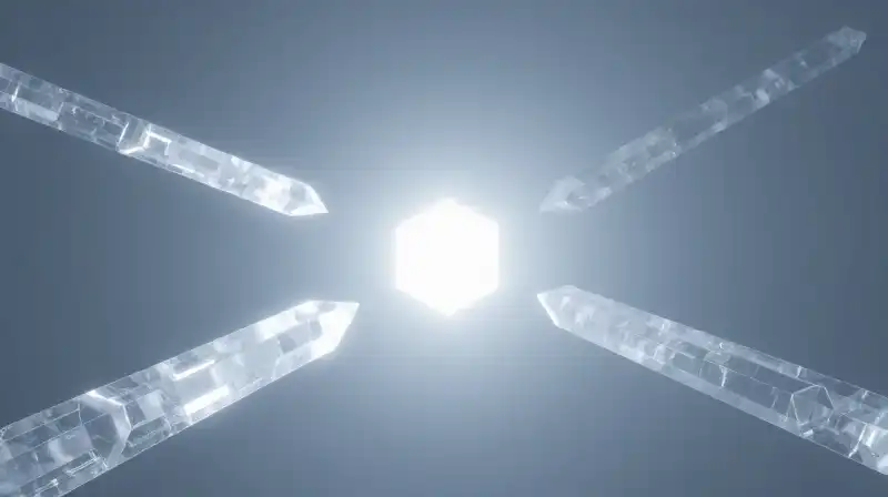 Three glowing crystalline paths diverge from a bright geometric core