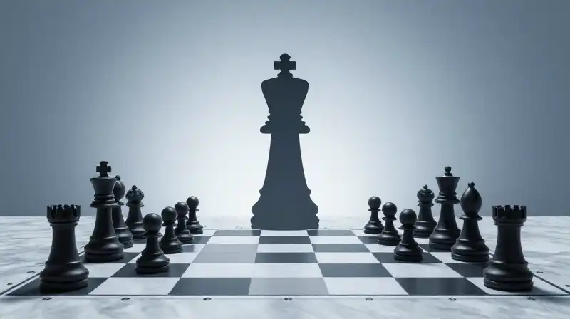 A strategists silhouette looms over chess pieces on marble