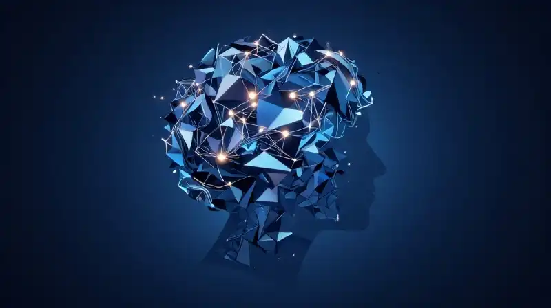 A geometric silhouette of a mind glows in deep blue