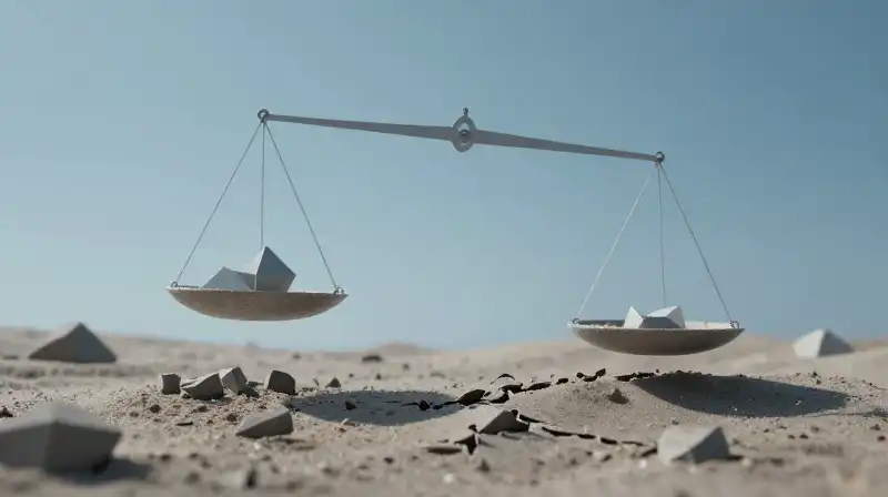 Crystalline shapes pull against crumbling sand on balanced scales