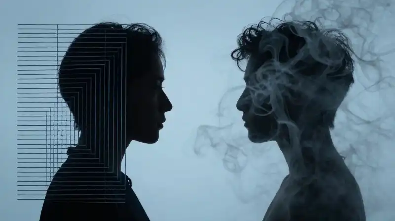 Two silhouettes, one geometric and one smoky, face each other