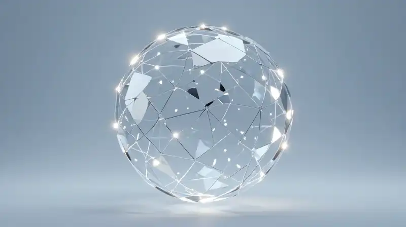 Glowing geometric shards reassemble into a sphere within a blue void