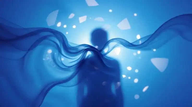 A dark silhouette radiates vibrant, flowing silk ripples through blue