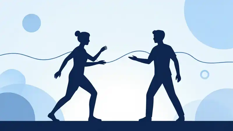 Two silhouettes connect through flowing lines and geometric shapes