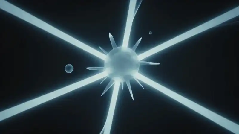 Glowing geometric paths diverge from a core through translucent spheres