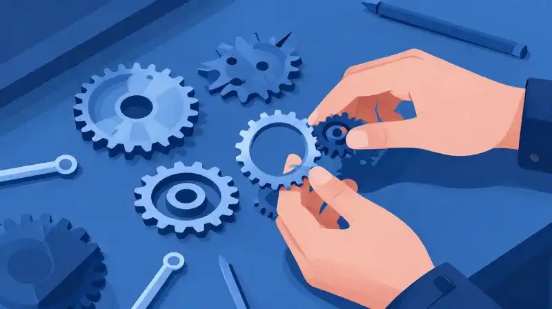 Hands assemble mechanical gears amidst floating geometric shapes