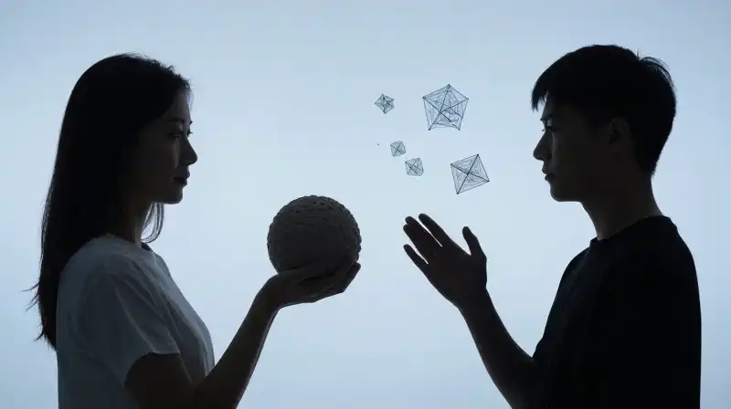 Two silhouettes face each other amidst floating geometric fractals