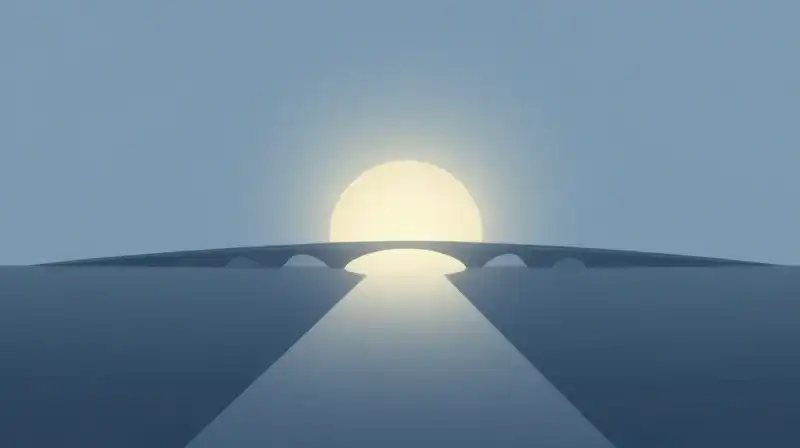 A glowing path connects two geometric shapes over blue water