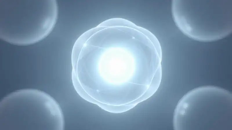 Glowing geometric spheres float within a calm, misty blue void