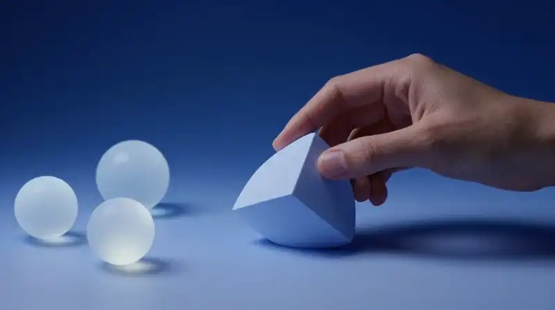 A hand sculpts a geometric shape amidst glowing spheres
