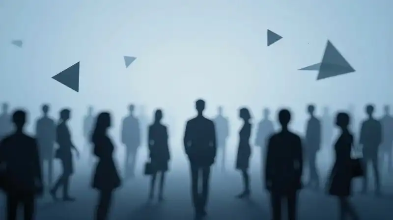 Silhouettes of a diverse crowd float among ethereal geometric shapes