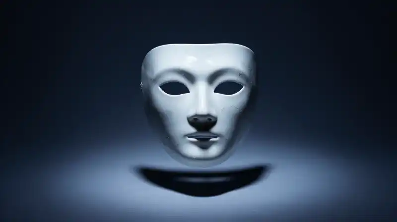 A cracked porcelain mask floats above a lone silhouette
