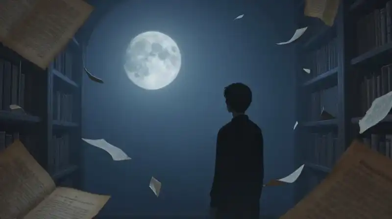 A lone silhouette gazes at floating manuscript fragments in shadows