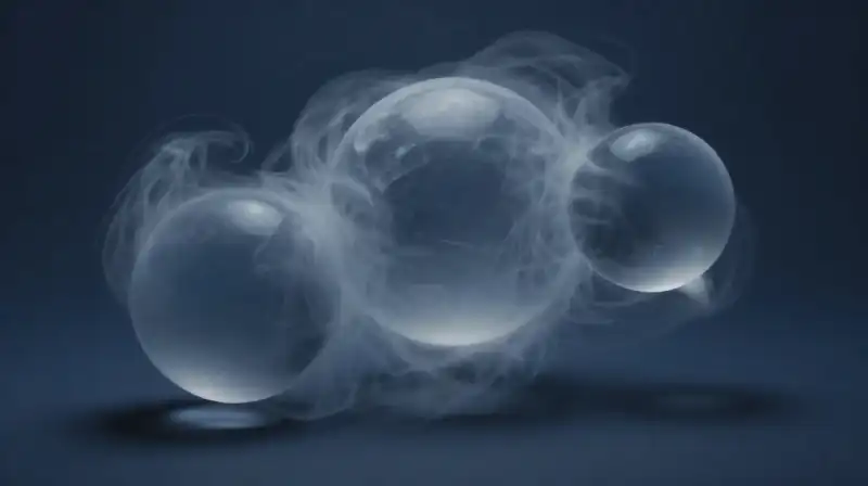 Three translucent spheres collide within a swirling blue mist