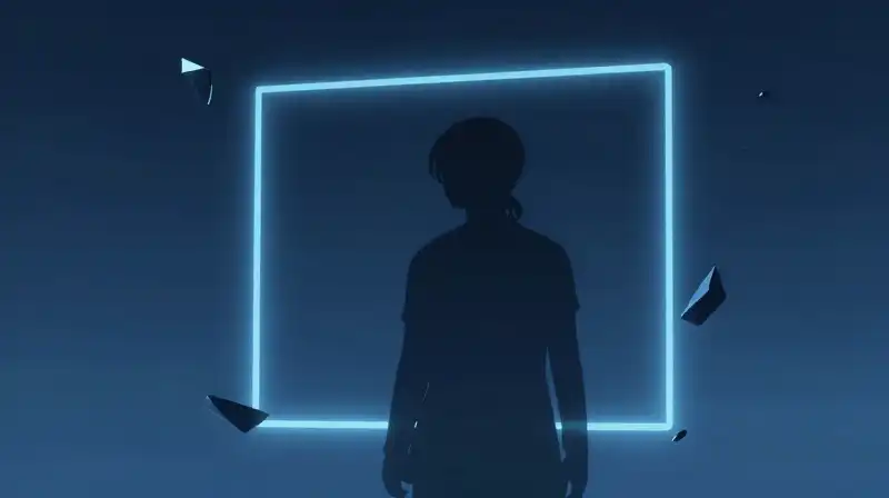 A silhouette forms a glowing boundary amidst floating geometric shards