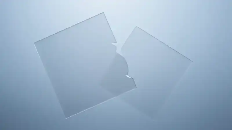 Fractured and solid shapes float in a misty blue void