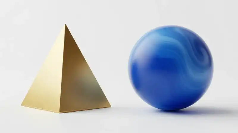 A rigid gold prism stands against a fluid blue orb
