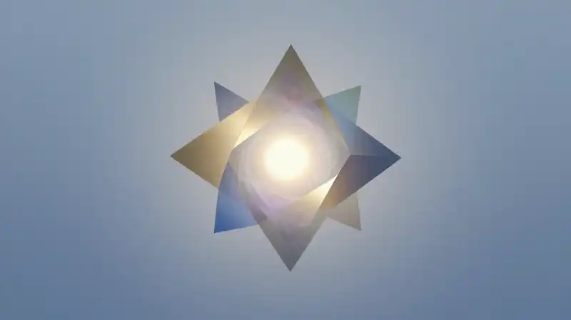 Glowing gold and blue geometric shards surround a bright core