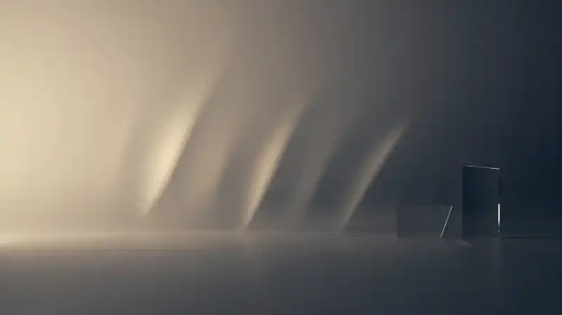 Translucent glass prisms glow with shifting golden and grey light