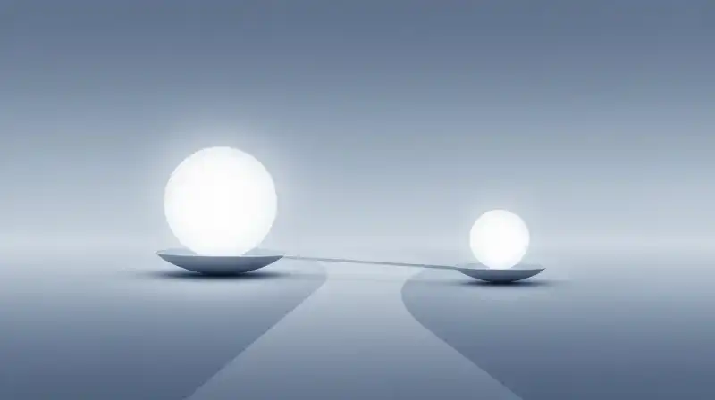 Two paths diverge near a scale balancing glowing spheres