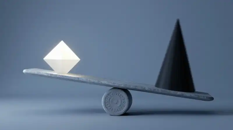 A stone scale balances glowing shapes against heavy shadows