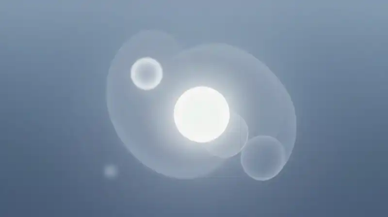 Glowing spheres emerge from swirling mist amidst translucent geometric shapes