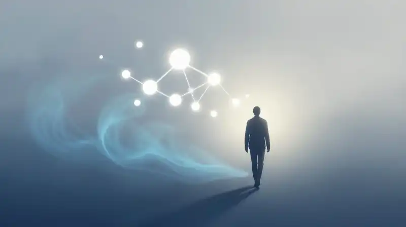 A glowing silhouette walks toward light through misty blue spheres