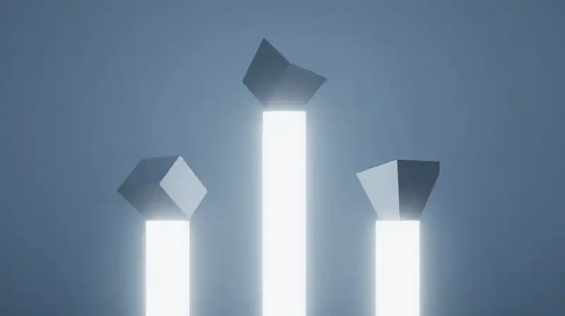 Three glowing pillars rise through a soft blue fog