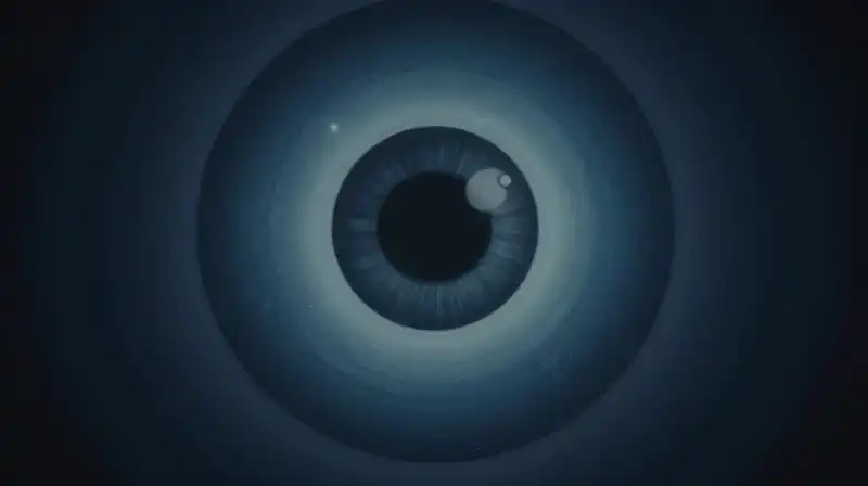 Expanding blue circles drift around soft, dark geometric shapes