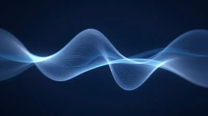 Glowing digital waves and translucent shapes float in deep blue