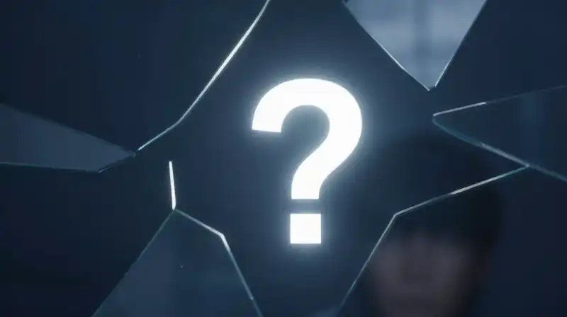 A glowing question mark reflects in fragmented, blue-toned mirrors