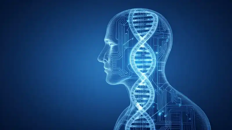 A glowing human silhouette merges DNA with digital circuits