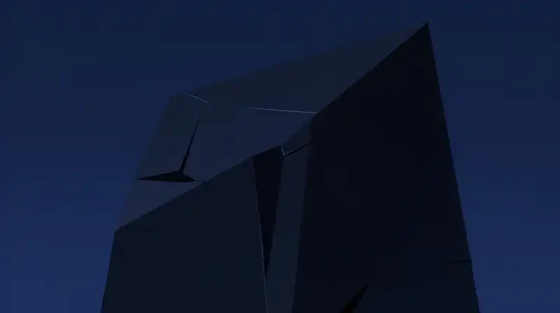 A dark, jagged geometric monolith floats in a deep blue void