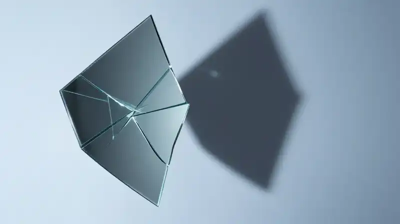 A fractured mirror reflects disjointed fragments and a dark silhouette